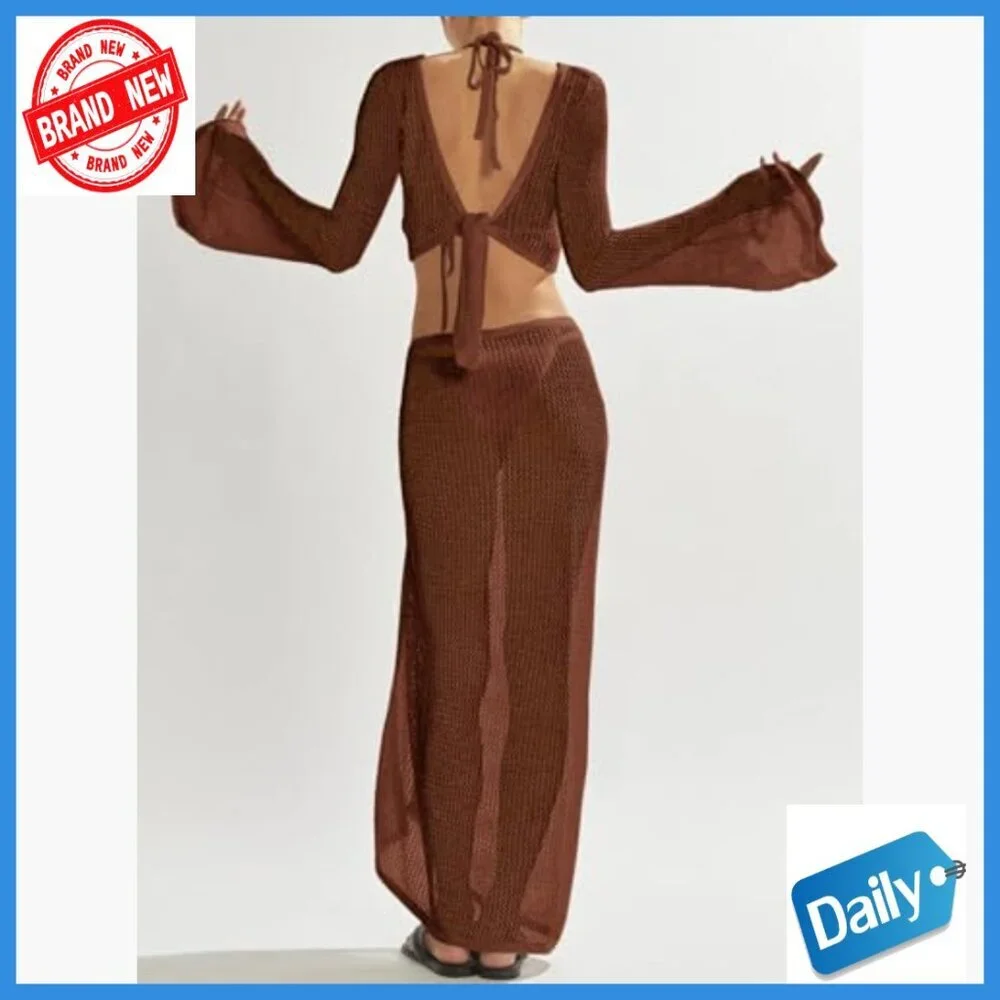 Crochet Hollow Out Bikini Coverup Set Long Sleeve Off Shoulder Swim Skirt